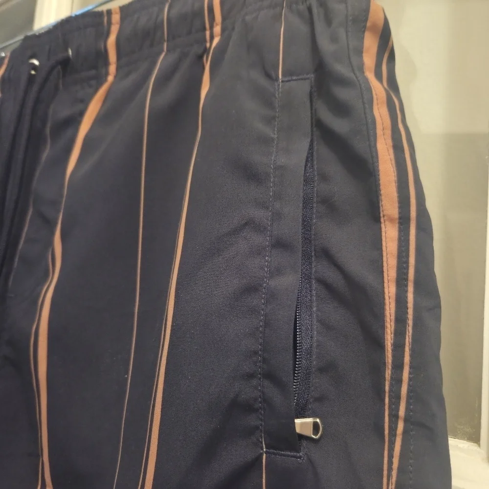 The Kooples Navy Blue & Gold Swim Trunks W/ Stripes & Zip-Up Pockets